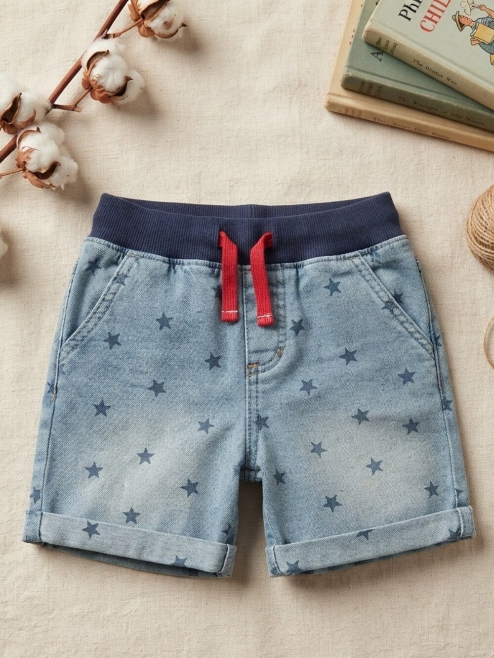 Kids Star Print Denim Shorts with Navy Waistband and Red Drawstring
